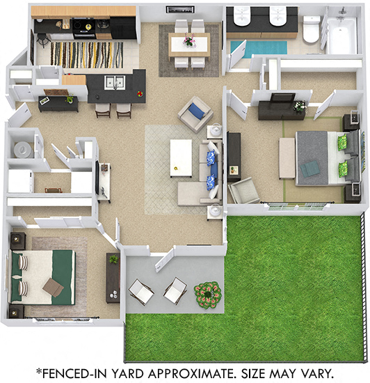 Floor plan for 2 beds, 1 bath, 995 sqft